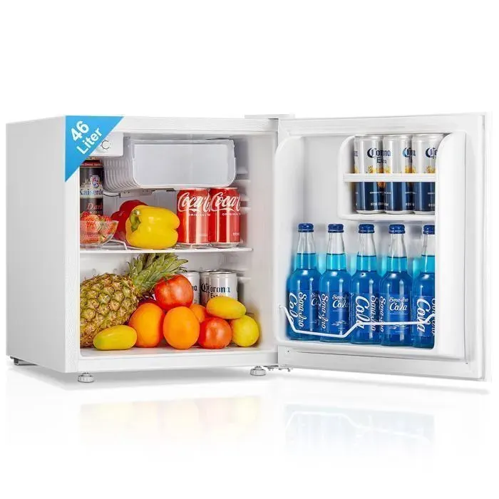 Mini Réfrigérateur 46L Petit Frigo et Silencieux Porte Réversible Pieds Réglables Idéal Bureau Chambre Cuisine Hôtel Salon