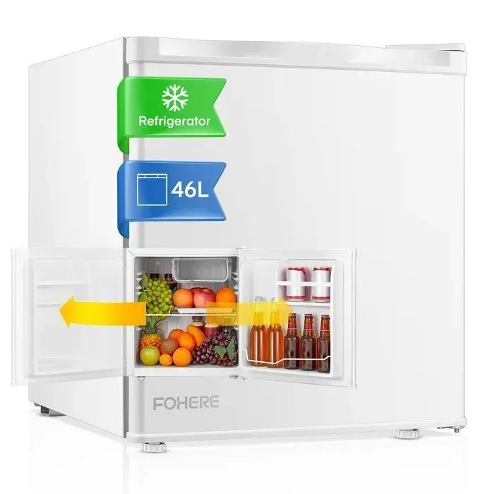 Mini Réfrigérateur 46L Petit Frigo Silencieux Avec Congélateur Porte Réversible Pieds Réglables Etagères Réglables Blanc