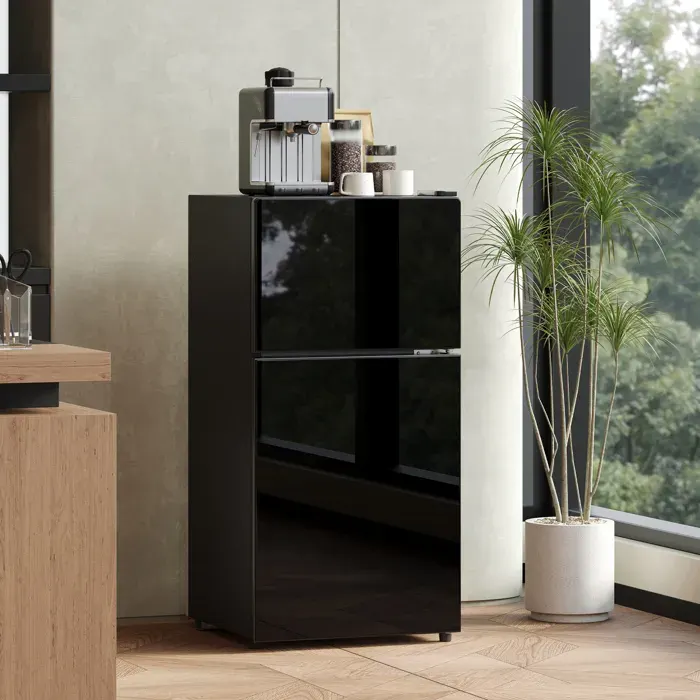 Mini Réfrigérateur 60L avec Congélateur 22L Porte en Verre Éclairage LED 7 Niveaux Température Silencieux 45dB 135 kWh/an