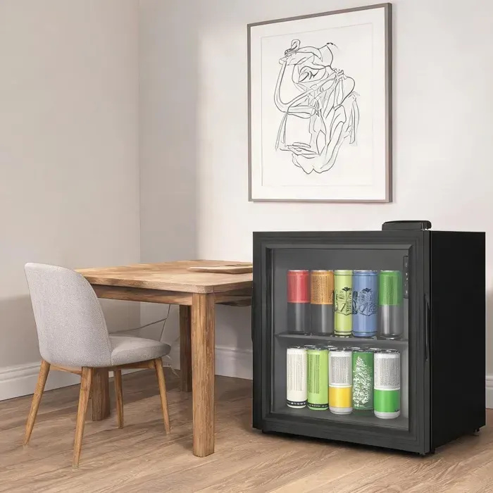 Mini réfrigérateur à boissons 46 L en acier laminé à froid et porte en verre trempé double paroi silencieux 39 dB