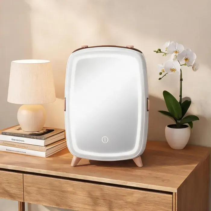 Mini réfrigérateur compact 6 L en plastique soft white portable avec miroir tactile LED