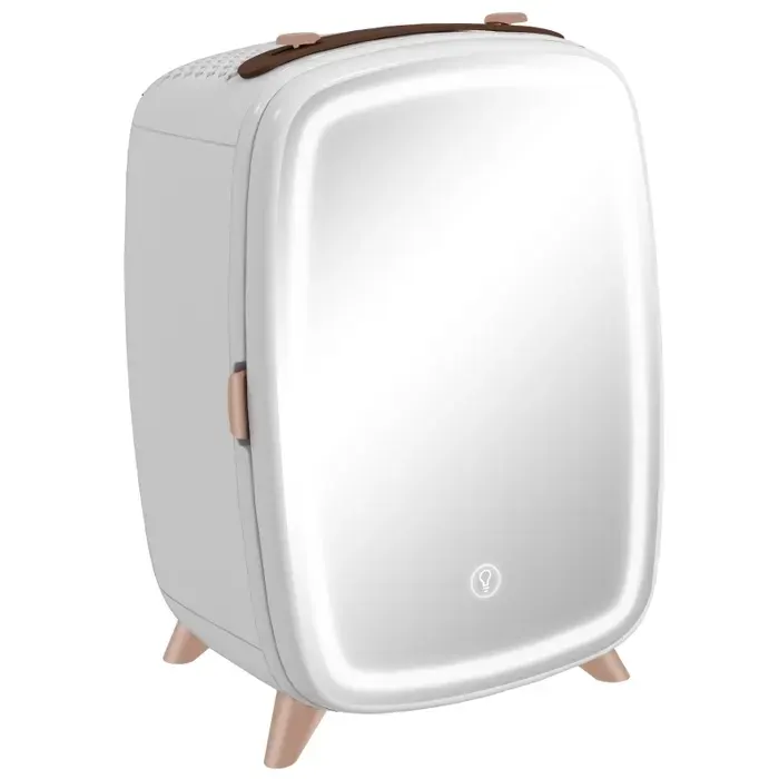 Mini Réfrigérateur Cosmétique 6L avec Miroir LED 3 Niveaux Portable Ultra-Silencieux 26dB Blanc