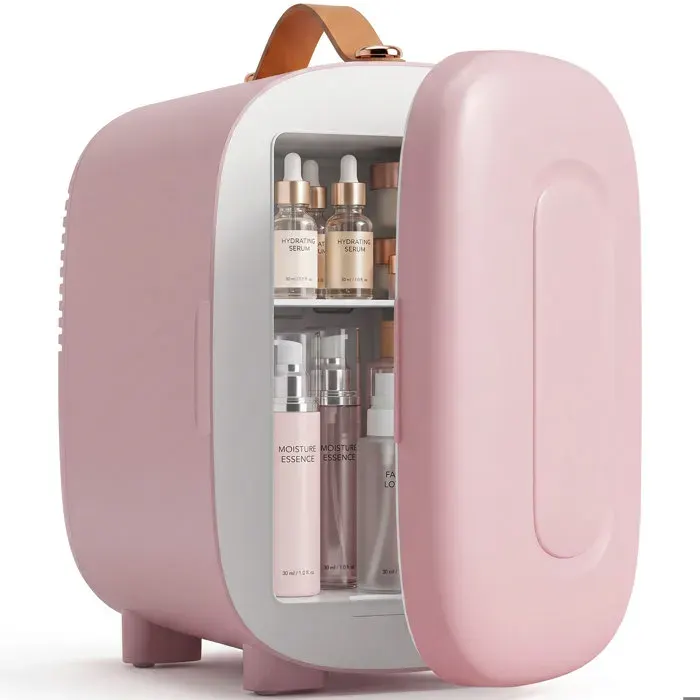 Mini réfrigérateur de beauté 4L rose portable fonction froid et chaud silencieux 26dB étagère amovible pour cosmétiques
