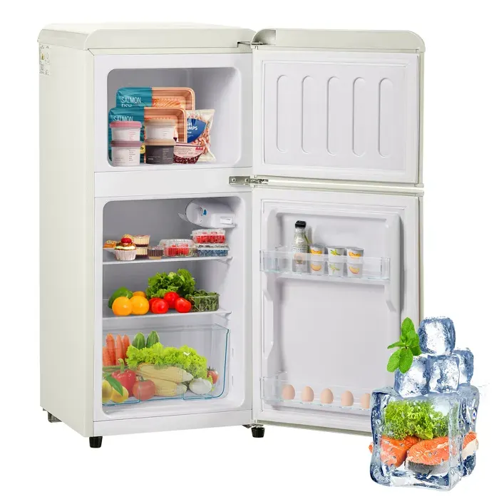 Mini réfrigérateur rétro crème 82L 2 portes 22L congélateur 4 étoiles 60L frais 7 réglages économe LED étagères modulables