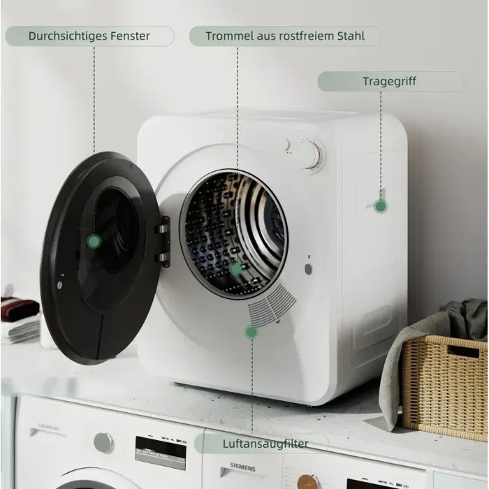 Mini sèche-linge à évacuation 4 kg 5 programmes 800W/400W tambour réversible acier inoxydable blanc TYNQER