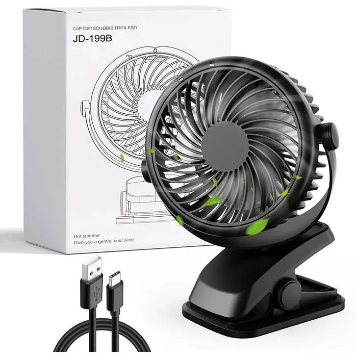 Mini Ventilateu Pince Silencieux USB C Ventilateur Portable Petit Ventilateur Bureau 3 Vitesses Rechargeable Batterie Noir