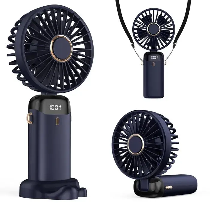 Mini ventilateur 3-en-1 (main/cou/bureau) pliable 90° écran LED 800mAh bleu foncé Meoiruery