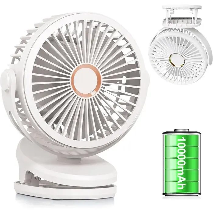 Mini Ventilateur à Pince 10000 mAh Silencieux Rotation à 360° 4 Vitesses USB Rechargeable pour Les familles Les bureauxBlanc