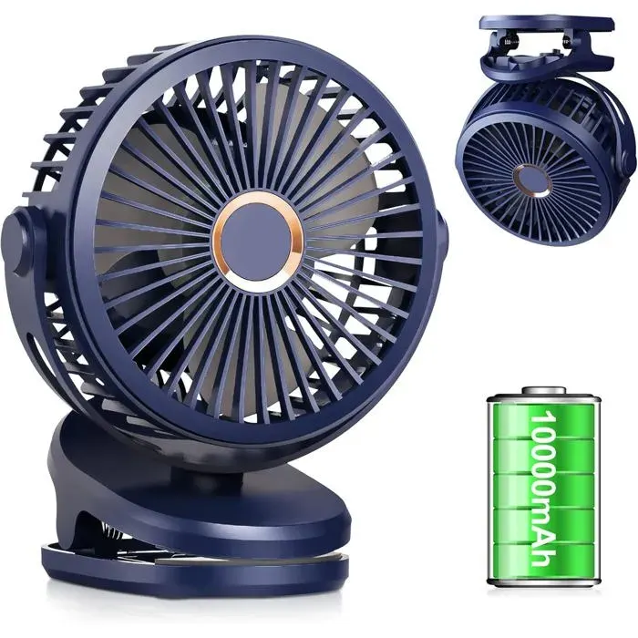 Mini Ventilateur à Pince 10000 mAh Silencieux Rotation à 360° 4 Vitesses USB Rechargeable pour Les familles Les bureaux Bleu