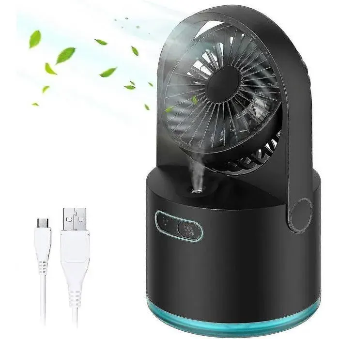Mini ventilateur brumisateur - Noir - 3 vitesses - 300 ml - USB - Silencieux (30 dB)