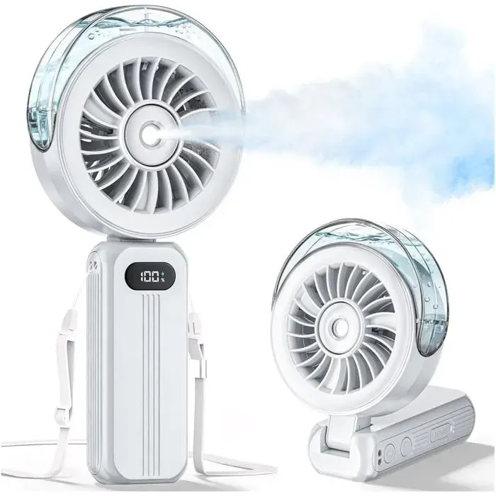 Mini Ventilateur Brumisateur Portable - Petit Ventilateur USB Rechargeable Puissant à Main 6000mAh 3-en-1 Fan de Bureau Main ou