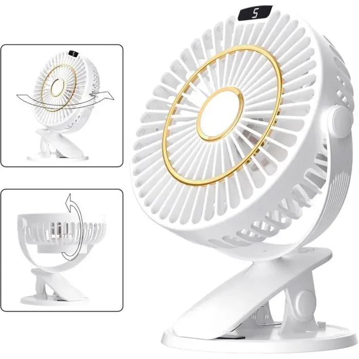 Mini ventilateur de bureau avec clip 5 vitesses petit ventilateur de table portable et silencieux avec batterie rotation à 720°