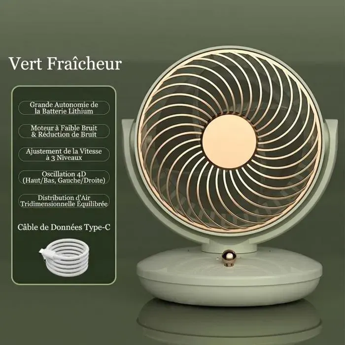 Mini ventilateur de bureau USB à pivot automatique circulaire silencieux 3 vitesses inclinaison 140° rotation 120° moteur magnétique