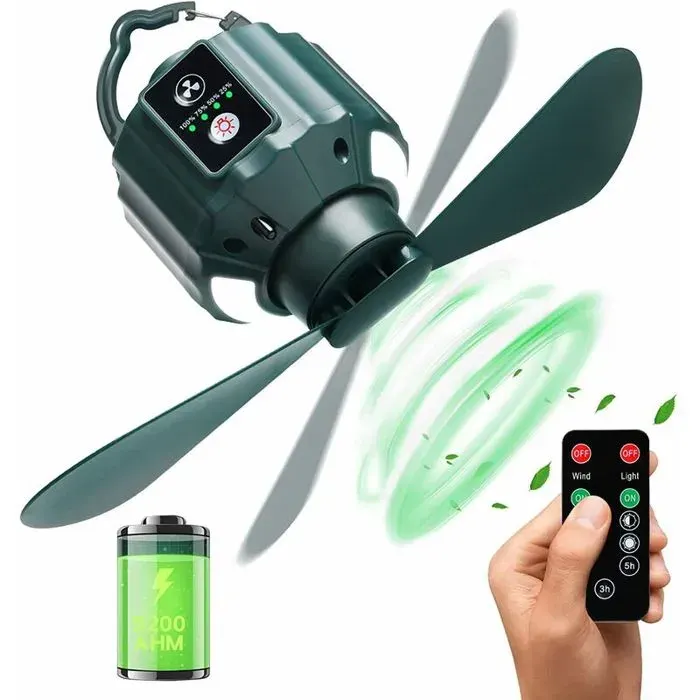 Mini ventilateur de camping portable rechargeable USB 5200 mAh – 3 vitesses – Télécommande – Fonction lumière et minuterie