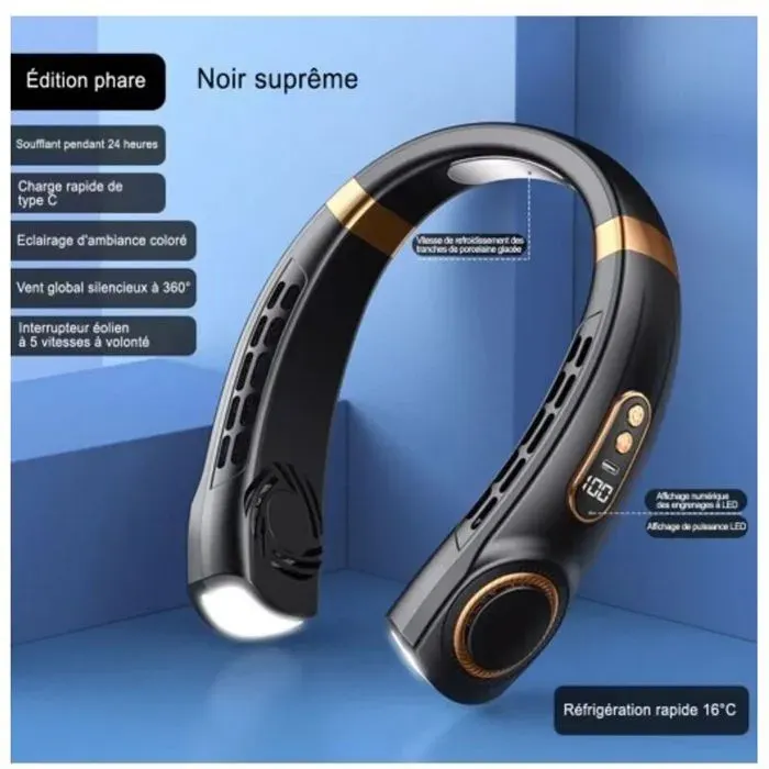 Mini ventilateur de cou électrique portable USB silencieux affichage numérique LED sans feuilles lumières 5 vitesses pour lété