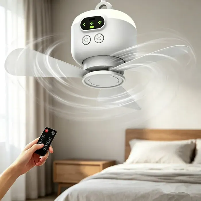 Mini ventilateur de plafond 8000 mAh lampe LED intégrée avec télécommande pour tente camping chambre dortoir
