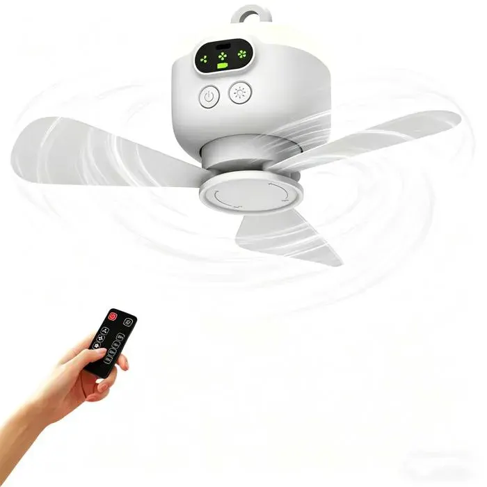 Mini ventilateur de plafond – 8000mAh – Lampe LED intégrée – Télécommande – Pour tente camping chambre dortoir