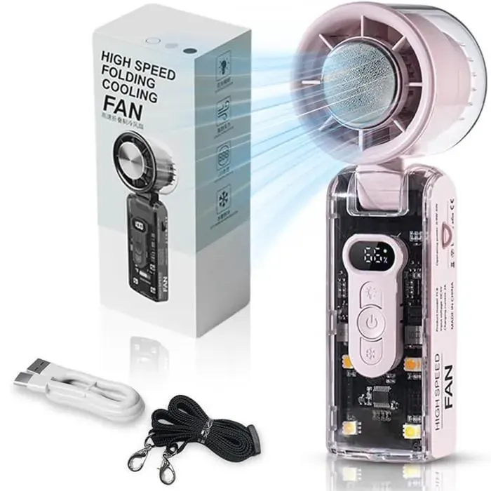 Mini ventilateur de poche rose pliable avec écran LCD et LED USB rechargeable 3600mAh portable pour étudiants et bureau