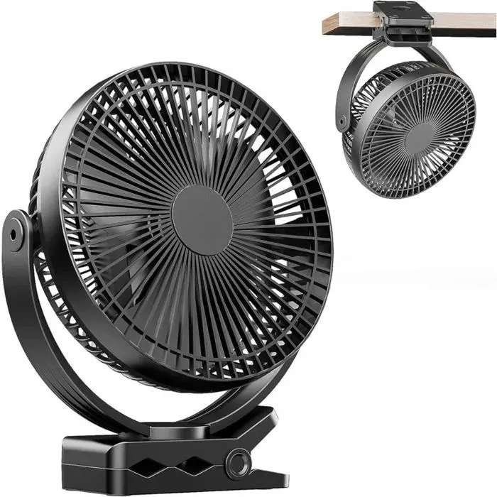 Mini ventilateur Pince USB 8 inch avec batterie 10000 mAh Portable Petit Ventilateur de Bureau 4 vitesses double rotation à 360