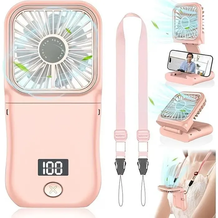 Mini ventilateur pliable de cou ultra-silencieux haut de gamme rechargeable par USB（rose）