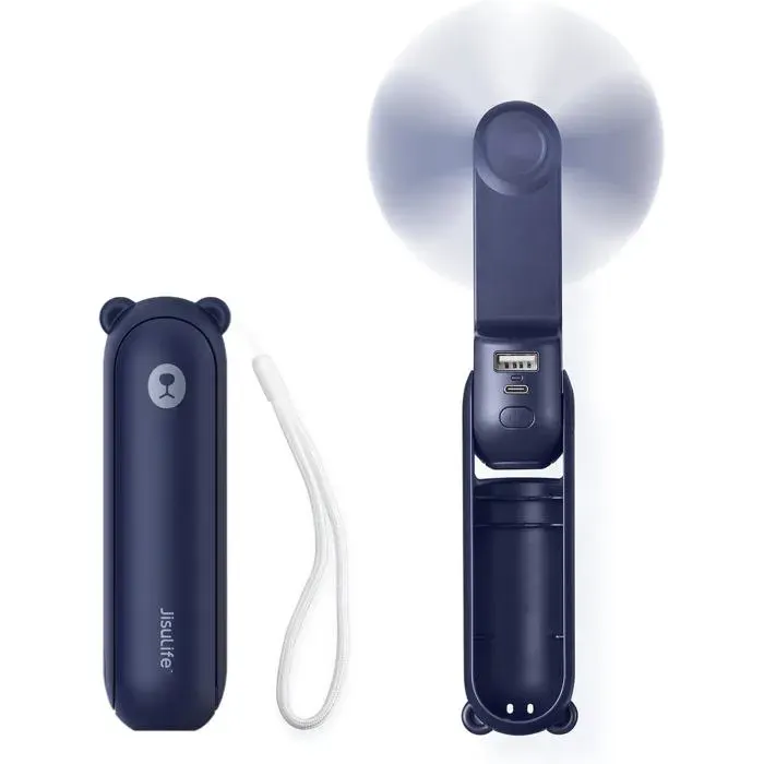 Mini Ventilateur Portable 3-en-1 Rechargeable Autonomie 14-21H Batterie Externe Lampe Torche Bleu — coloris Bleue