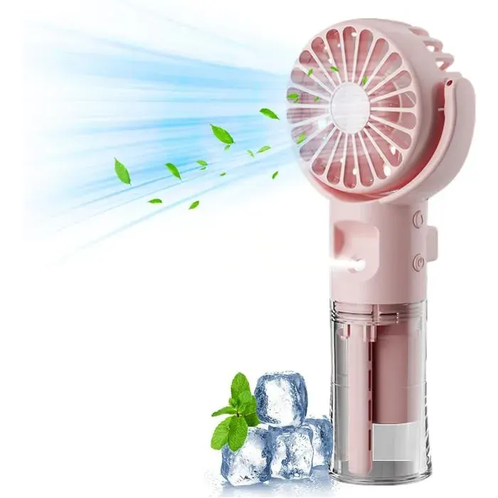 Mini ventilateur portable 4 vitesses de vent réglables avec fonction brumisation rose.