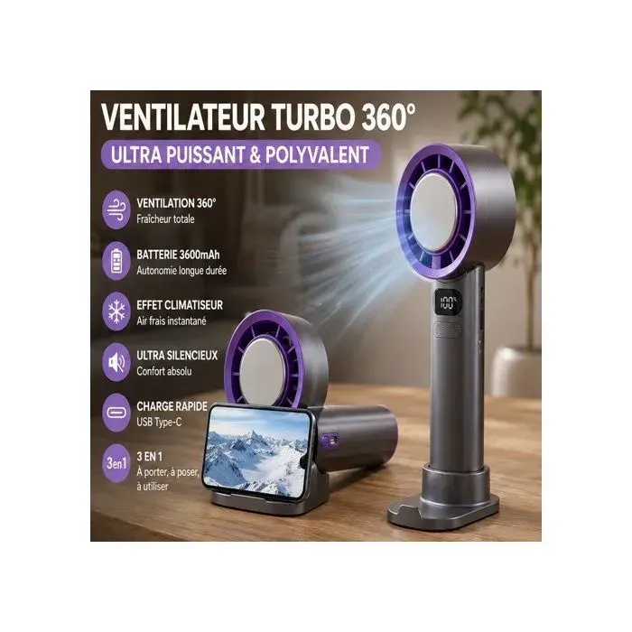 Mini Ventilateur Portable à Main Turbo Réglable en Vitesse Batterie Rechargeable Affichage LED pour Femmes Hommes Voyage Camping