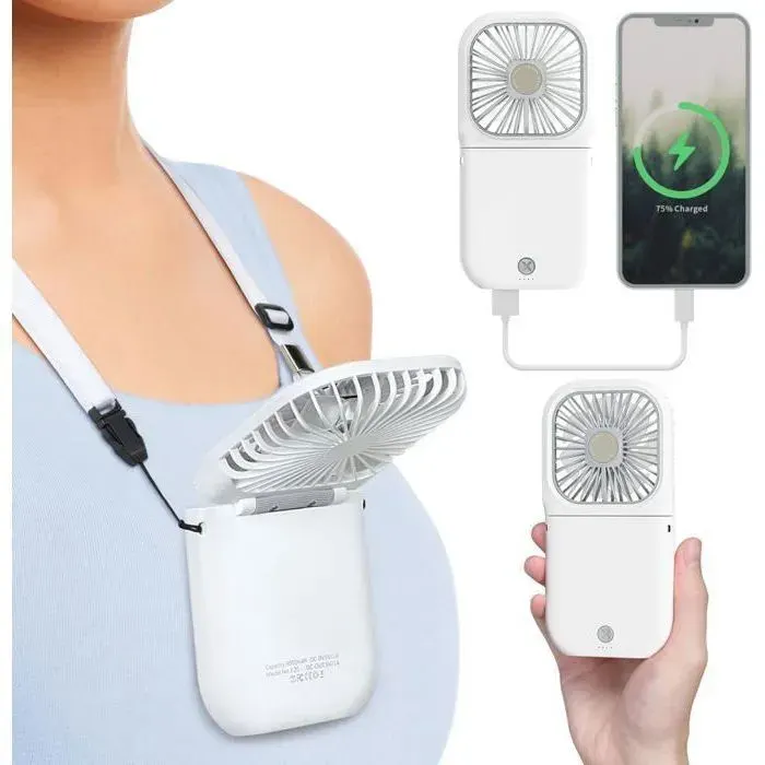 Mini ventilateur portable - HAWUJ - Rechargeable USB - 3 vitesses - Autonomie 12 h — coloris Blanc