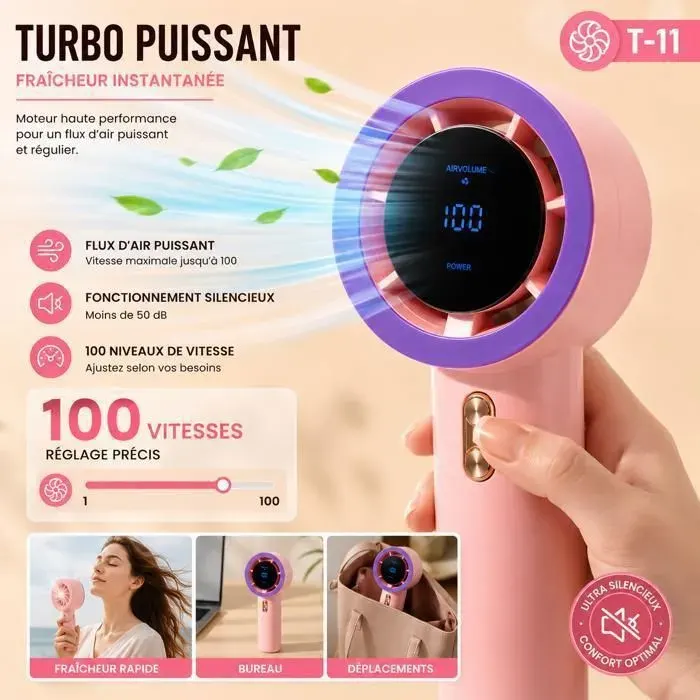 Mini ventilateur portable - LE BAZAR DE GAËLLE 34 - T11 - 199 vitesses - Batterie 3000 mAh USB‑C - Écran LED