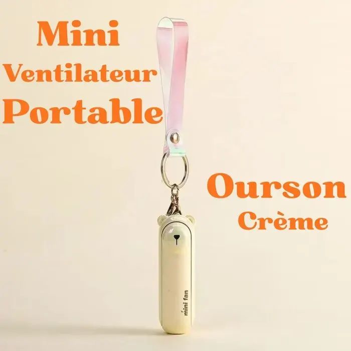 Mini Ventilateur Portable Ourson Blanc Rechargeable USB Pliable à Main avec Dragonne Porte-clés Silencieux Bureau