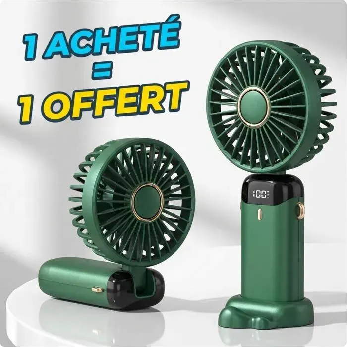 Mini ventilateur portable pliable tour de cou USB 1800mAh 5 vitesses LED support téléphone 1 acheté 1 offert