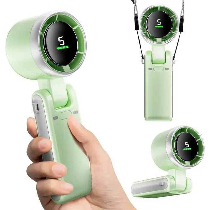 Mini Ventilateur Portable Pliable USB 1800 mAh 5 Vitesses Affichage Numérique 13000 tr/min Silencieux Vert
