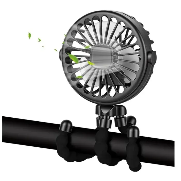 Mini Ventilateur Portable pour Poussette Petit Ventilateur à Pince Rechargeable 500mAh Trépied Flexible 3 VitessesVeilleuse LED