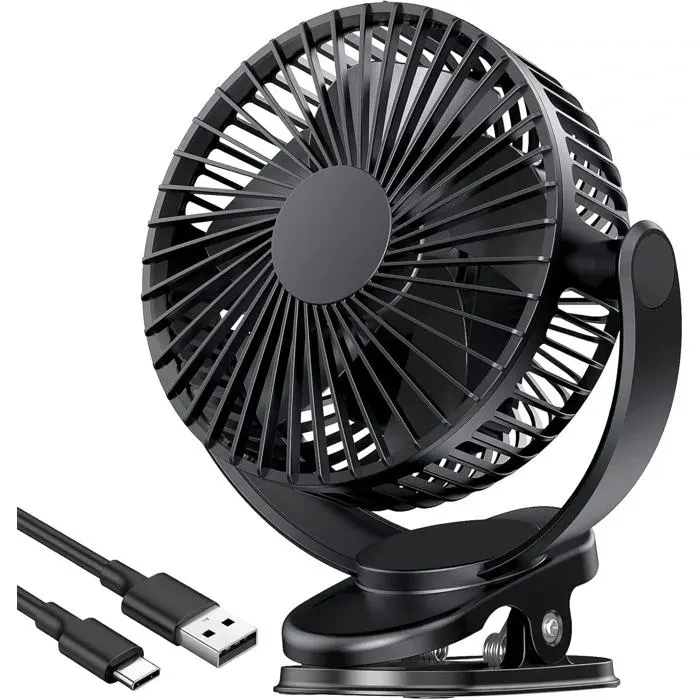 Mini ventilateur portable rechargeable – 3 vitesses – Pince antidérapante – Tête rotative 360° – Autonomie jusquà 8 heures