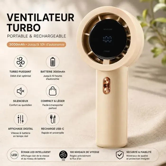 Mini ventilateur portable rechargeable - LE BAZAR DE GAËLLE 34 - T11 - Batterie 3000 mAh - 199 vitesses - Écran LED