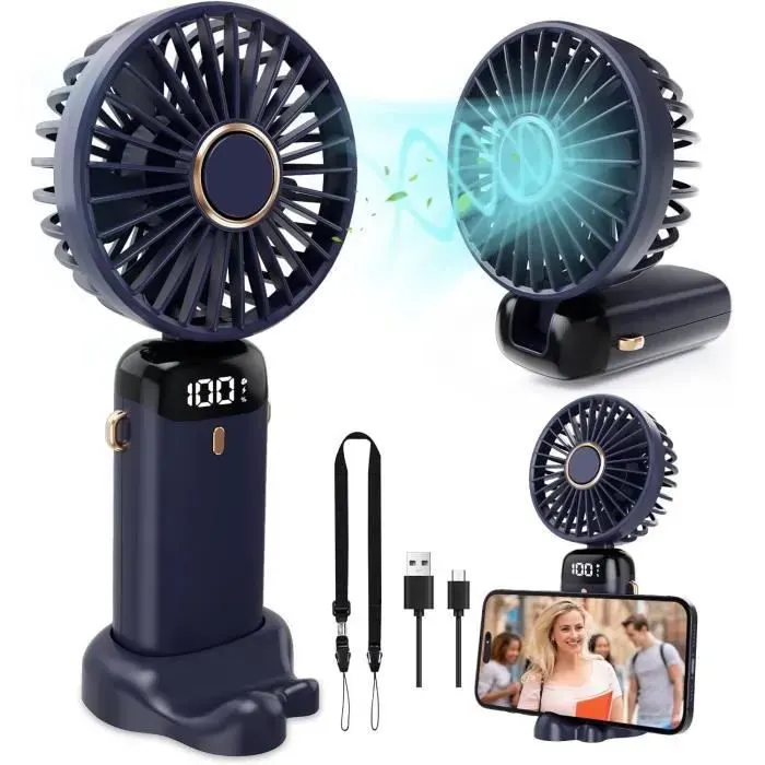 Mini Ventilateur Portable Rechargeable USB 4000mAh Ventilateur de Poche pliable 5 Vitesses avec Base Pour Maison Bureau Bleu