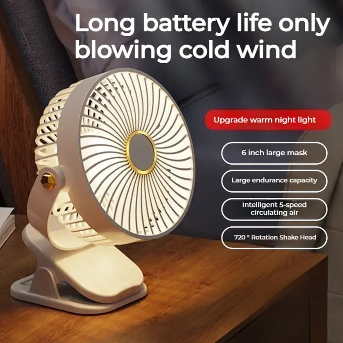 Mini-ventilateur portable ultra-silencieux (avec éclairage dambiance et 5 vitesses) – Rechargeable par USB