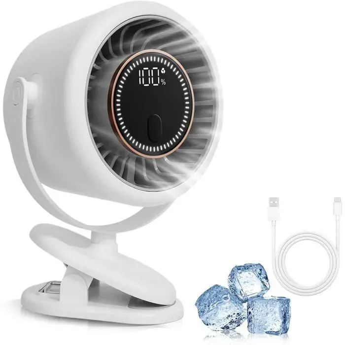 Mini ventilateur portable USB à pince 6 vitesses affichage LED batterie 4000 mAh silencieux rotation à 360°