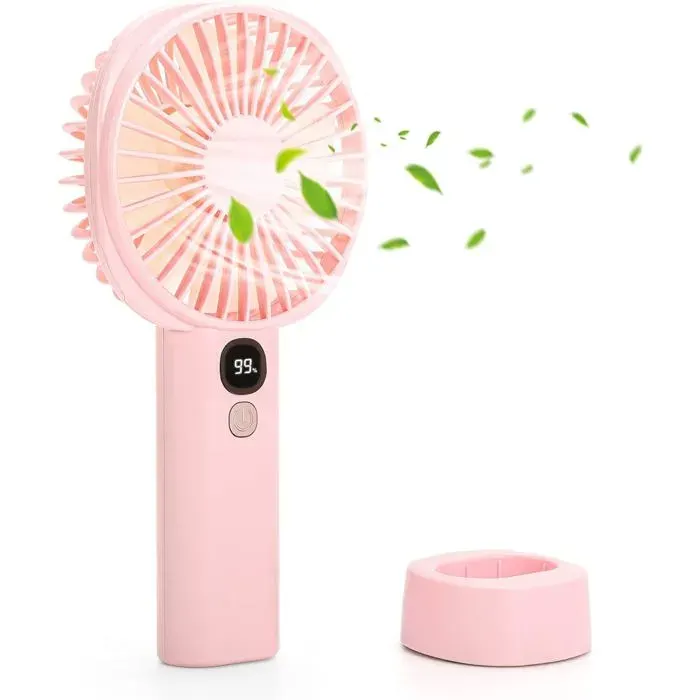 Mini ventilateur portatif rechargeable USB 3000 mAh 5 vitesses avec base pour bureau et voyage rose