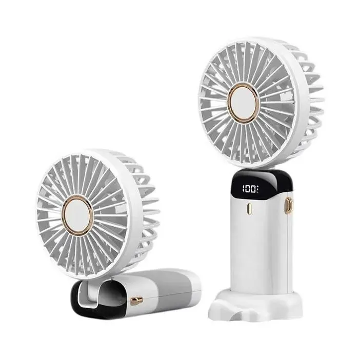 Mini Ventilateur Rechargeable Blanc - 5 Vitesses - Tête Inclinable 90° - Écran LED - Portable avec Lanière et Socle