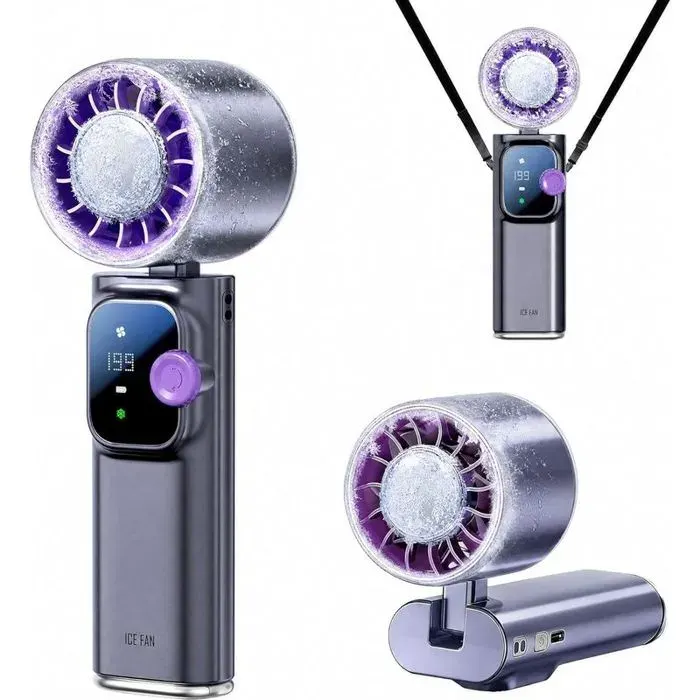 Mini Ventilateur Rechargeable Pliable Turbo Haute Puissance avec Effet Glacé et Écran LEDGris