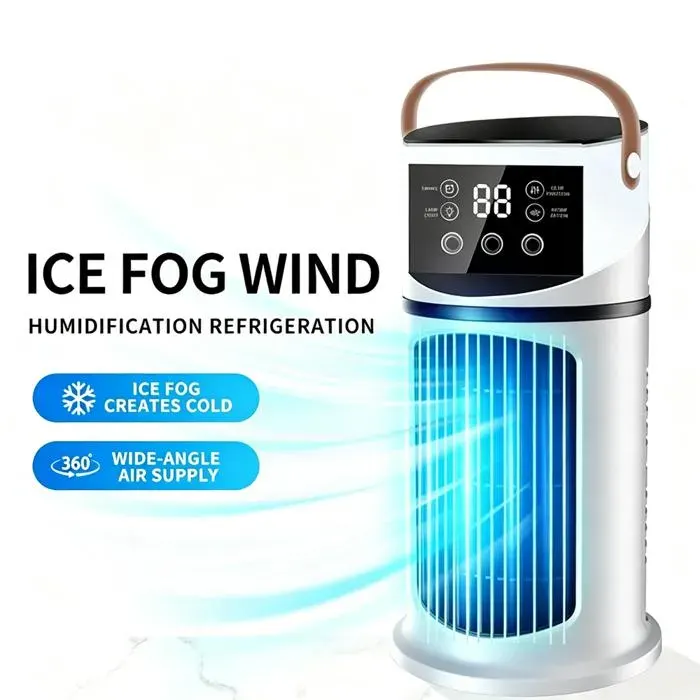Mini ventilateur tour Climatiseur portable Mini ventilateur de refroidissement à air 4 en 1 Dimmable 9 Vitesses Spray à 3 trous — coloris Blanc