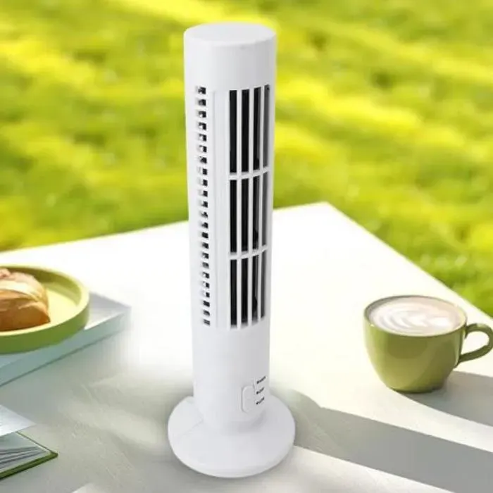 Mini ventilateur tour sans pales 2 vitesses et fonction de chargement USB idéal pour le bureau ou la chambre – Blanc