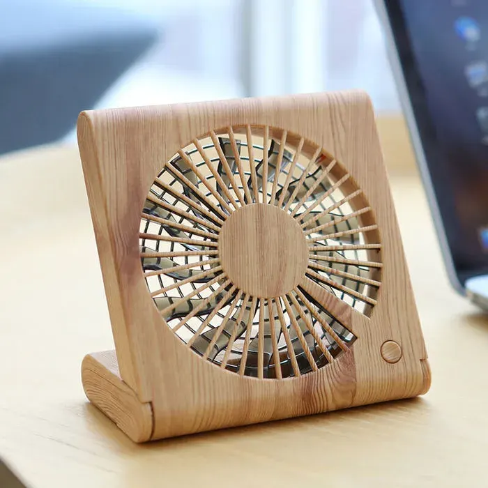 Mini ventilateur USB pliant silencieux – Portable rechargeable – 3 vitesses – Design en bois clair pour bureau et voyage