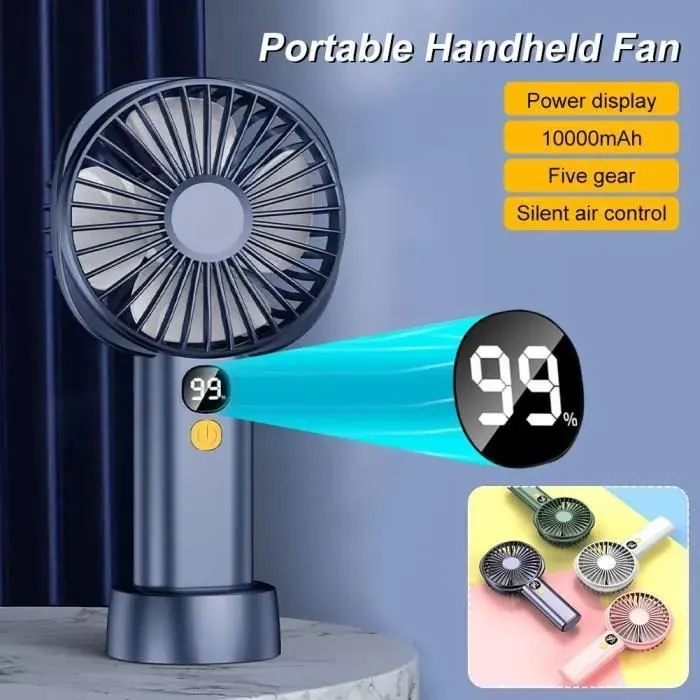 Mini Ventilateur - USB - Portable - 5 Vitesses - Couleur Bleue - 10 000 mAh
