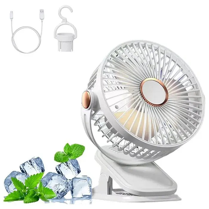 Mini Ventilateur USB Silencieux 5 Vitesses Ventilateur Bureau Rotation 360° à Accrocher pour Maison Camping Voyage