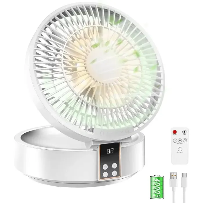 Mini ventilateur USB silencieux - Batterie intégrée et lumière LED - Télécommande avec minuterie - 3 vitesses pour le bureau et le