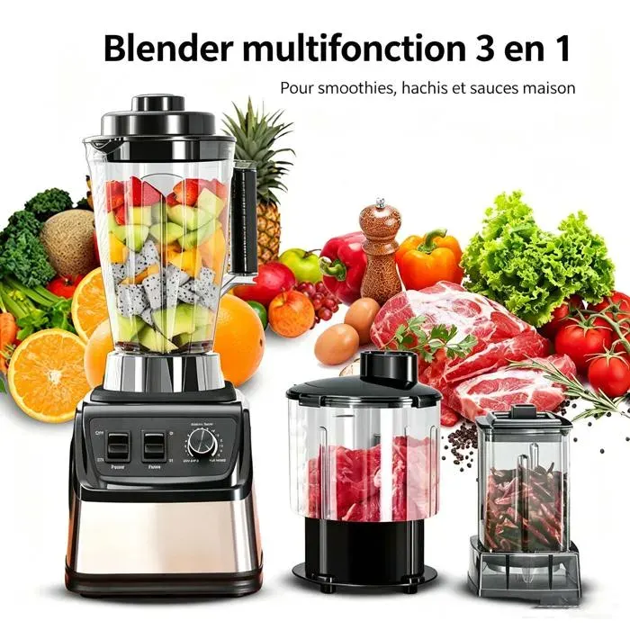 Mixer blender 3-en-1 9500W – 3 bols (3L 1.5L 0.5L) – Jus hachage broyage – Parfait pour smoothies soupes farces
