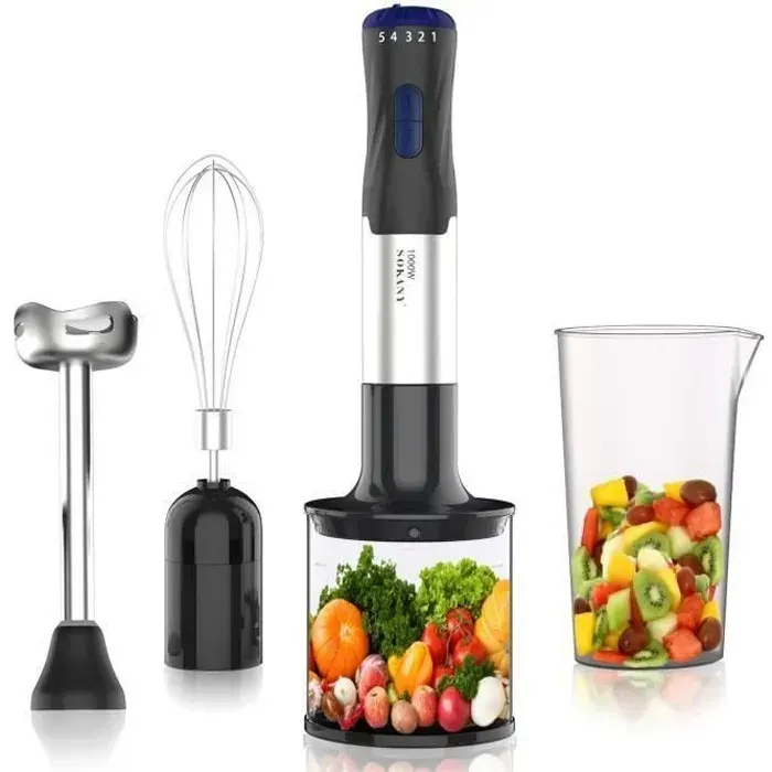 Mixeur Plongeant 1000W 4 en 1 Mixeur Multifonction Convient à la Préparation daliments pour BébésSalades Soupes et légumesJus