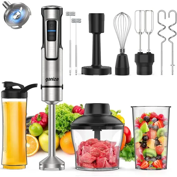 Mixeur plongeant 1200 W - 21 vitesses avec turbo double fouet à lait - Hachoir 600 ml et bol 800 ml - 10-en-1